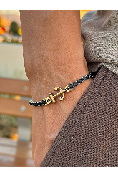 HERİF Aksesuar Erkek Çapa Motifli Siyah Zirkon Taşlı Ayarlanabilir 18+3cm Çelik Bileklik