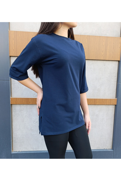 siyalife Crew Neck Plain Half Sleeve Casual Cut Navy Blue Oversize T-Shirt with Slit Detail