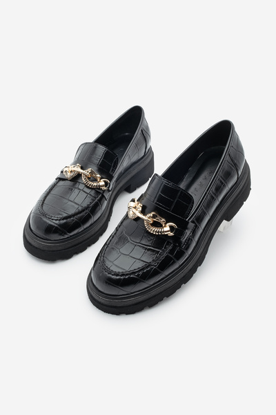 Marjin Rizya Black Croco – Loafer-Freizeitschuhe für Damen mit dicker Sohle und Schnalle