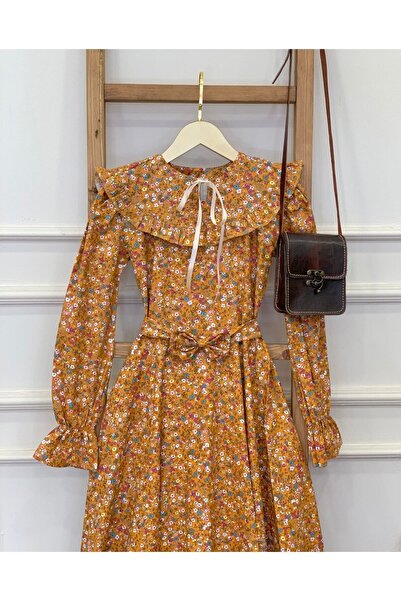 KÜÇÜĞÜM BUTİK Vintage Mobile Mustard Floral Balloon Sleeve Flared Dress