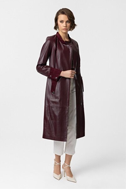 Deriderim Bordo Nancy Yandan Fermuarlı Hakim Yaka Hakiki Deri Uzun Kadın Manto Kaban