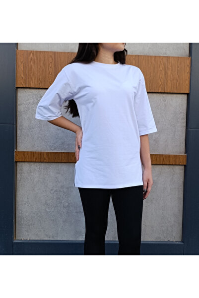 siyalife Crew Neck Plain Half Sleeve Slit Detail Relaxed Fit White Oversize T-Shirt