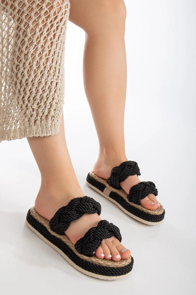 Zerenyus Summer Black Straw Slippers - Twisted Detail