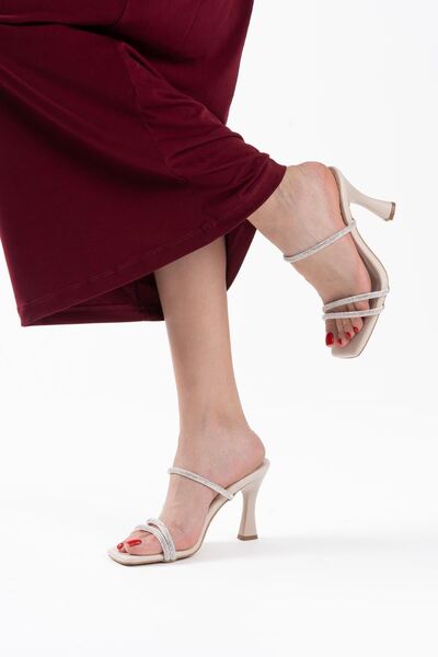 Zerenyus Alvina Premium Beige Stone Thin Banded Women's Heeled Slippers