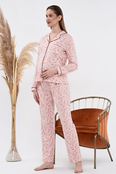 LadyMina Pijama Sada pyžama s dlouhým rukávem v pudrové barvě s květinovým vzorem pro těhotné a těhotné