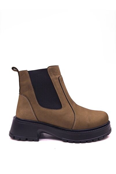 DONDUK Kadın Hakiki Gerçek Nubuk Deri Lastikli Chelsea Kısa Tütün Kahve Bot