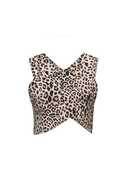 Sezgi Tekin Back Zipper Cross Detail Leopard Bustier