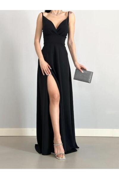 SELİN MODA EVİ Γυναικείο μαύρο φόρεμα με διπλό λαιμόκοψη και μακρύ σκίσιμο, ε...