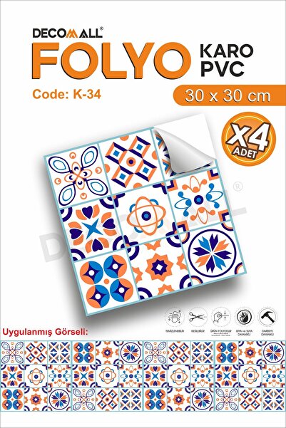 DECOMALL K-34 Kendinden Yapışkanlı FOLYO KARO Suya Dayanıklı Mutfak Banyo Zemin Kaplama 30x30 Cm(4 ADET)