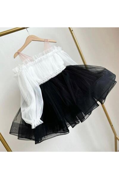 Da&Mira Kız Çocuk Siyah Beyaz Renk Doğum Günü Parti Özel Gün Elbisesi