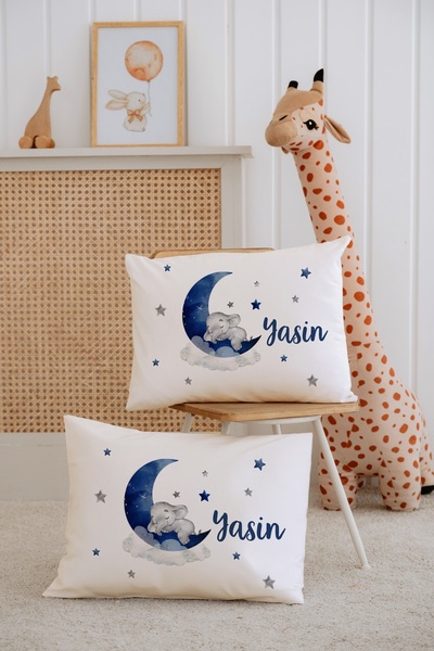 Lilabio %100 Pamuk İsme Özel 2li Ekru Bebek Yastık Kılıfı 35x45 cm-Uykucu Fil
