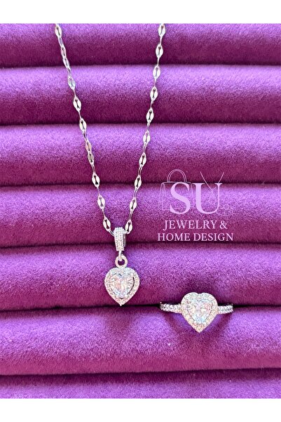 ACQUA BELLA Gümüş Kalpli Kolye Yüzük Set Ciddi İlişki Kombin Set Sevgililer Günü Hediyesi