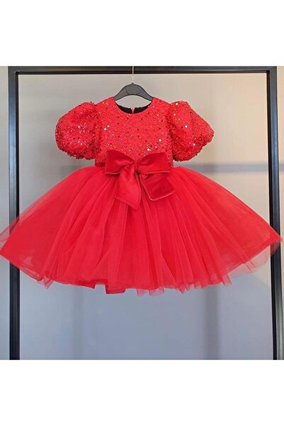 Da&Mira Kız Çocuk Kırmızı Renk Doğum Günü Parti Özel Gün Elbisesi
