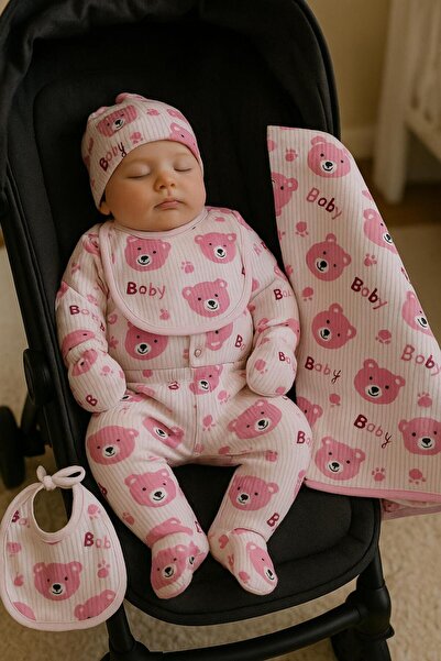 anne dokunuşu gibi KUZUM BEBE Pembe Baby Ayıcık Desenli 6 parça battaniyeli Y...