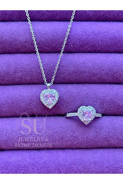 ACQUA BELLA 925 Ayar Gümüş Pembe Kalp Kolye ve Yüzük Seti – Özel Hediye Kutul...