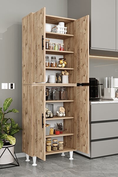 AEKA Ae-2086 Bala Atlantik Çam Çok Amaçlı Mutfak Dolabı&banyo Dolabı, Kiler, 4 Kapaklı, Raflı, Ayaklı