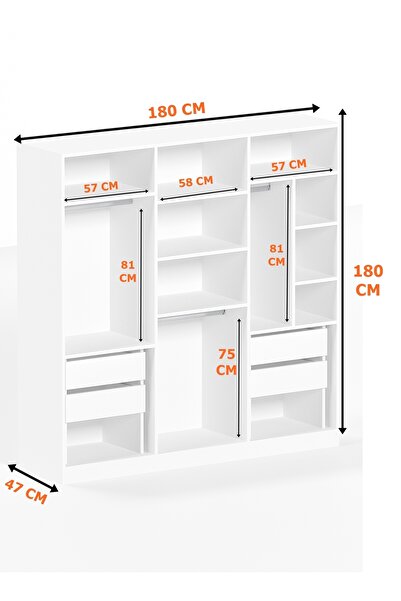 AEKA Ae-2116 Kale Aynalı Antrasit, 6 Kapaklı Gardırop, 13 Raflı, 3 Askılıklı 180 Cm Dolap