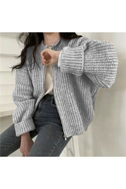 nathia outdoors Oversize Selanik Örme Fermuar Detaylı Triko Kadın Hırka