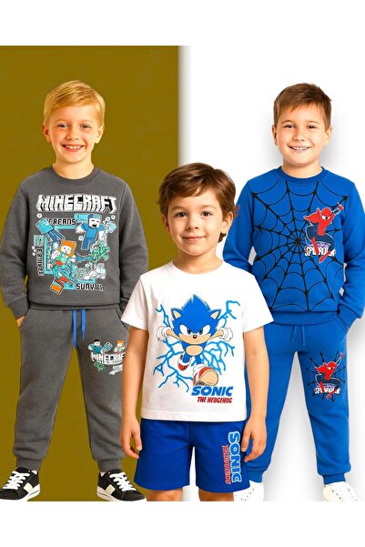 LİTTLE TORTOİSE Erkek Çocuk Mavi Sonic Desenli Bisiklet Yaka Şardonlu Eşofman Takımı ( UNİSEX ÜRÜN)