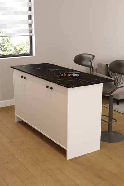AEKA AE-2080 Patentli Ayder Mutfak Adası Bar Masası Yemek Masası Dolaplı, Beyaz/S.MERMER Raflı,Çok Amaçlı