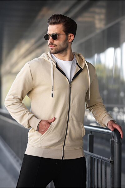 Madmext Φούτερ 6161 Μοντέλο Μπεζ με κουκούλα με φερμουάρ