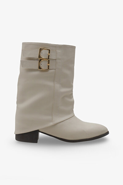 LOJO Kadın Çift Kemer Tokalı Sivri Burun Topuklu Günlük Bot Magris Ekru