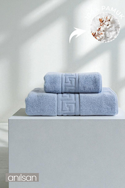 Anılsan مجموعة من قطعتين من المناشف اليونانية الزرقاء، 100% قطن - 1 منشفة يد 50x90 و1 منشفة حمام 70x140