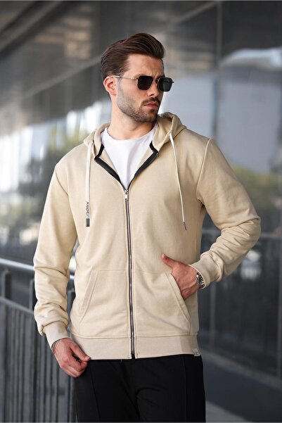 Madmext Φούτερ 6161 Μοντέλο Μπεζ με κουκούλα με φερμουάρ