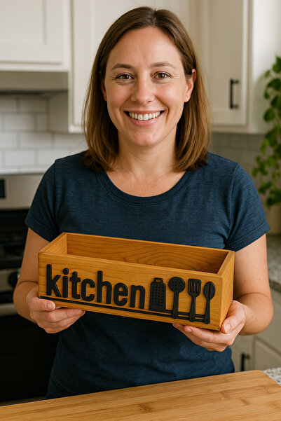 woodretro , Ahşap Mutfak Düzenleyici Kutu | 35x12 Cm | Doğal Ahşap | Mutfak D...