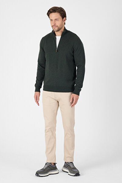 hateko 100% Cotton Khaki Half Zippered Stand Collar Knitwear Sweater