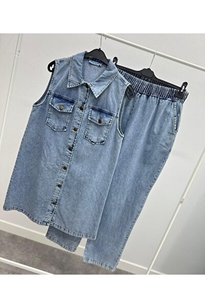 ALLMİRA FASHION Snow Blue Hijab Double Set - Denim Vest and Trousers