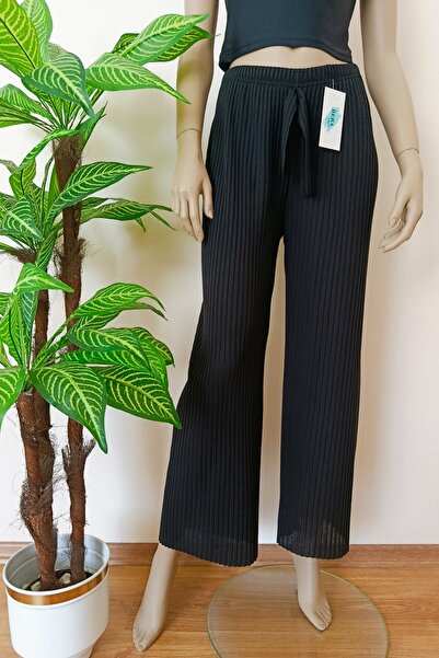 VİP BERA TEKSTİL Kadın Fitilli Çizgili Penye Raporlu Pamuklu Bol Paça Pantolon