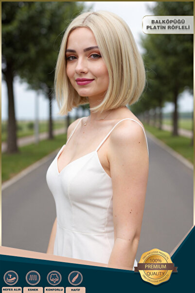 KONAK PERUK Fiber Sentetik Peruk Perçemsiz Kısa Düz - Balköpüğü / Platin Röfleli