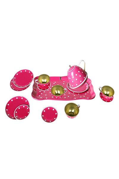 Brother Toys 15 Piece Polka Dot Metal Tea Set for Home and Kitchen, Cup, Teapot and Saucer 24 Cm. Pink