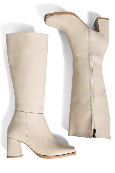 moun shoes Γυναικείες μπότες με τακούνι σε μπεζ μπεζ με φερμουάρ