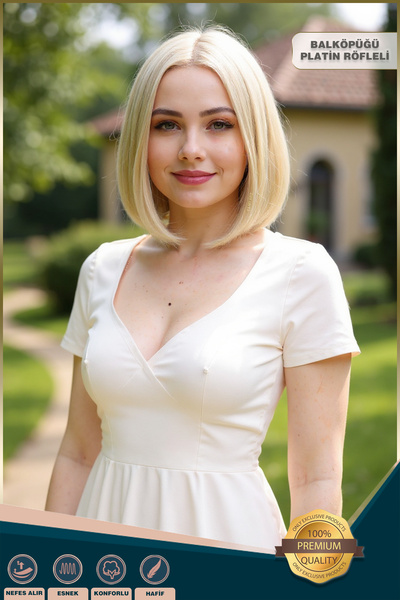 KONAK PERUK Fiber Sentetik Peruk Perçemsiz Kısa Düz - Balköpüğü / Platin Röfleli