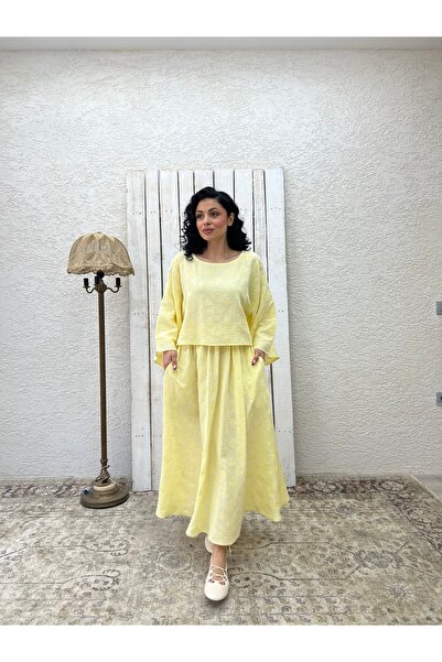 KÜÇÜĞÜM BUTİK Yellow Embroidered Muslin Loose Blouse and Flared Skirt Set (Embroidered 2-Piece Set)