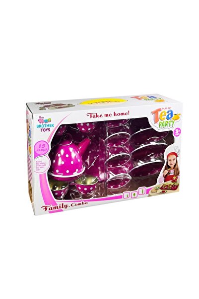 Brother Toys 15 Piece Polka Dot Metal Tea Set for Home and Kitchen, Cup, Teapot and Saucer 24 Cm. Pink
