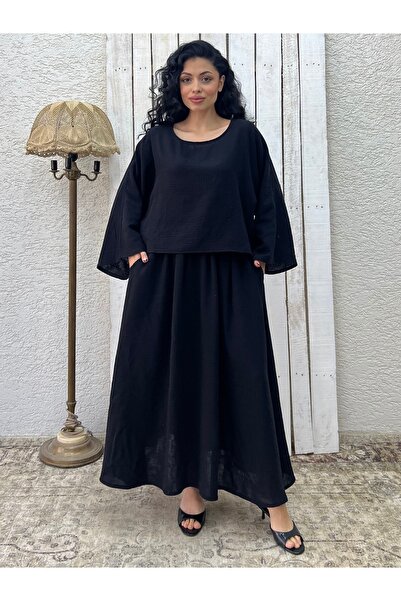 KÜÇÜĞÜM BUTİK Black Muslin Casual Blouse and Flared Skirt Set (Set of 2)