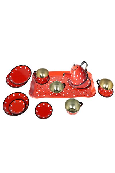 Brother Toys 15 Piece Polka Dot Metal Tea Set for Home and Kitchen, Cup, Teapot and Saucer 24 Cm. Red