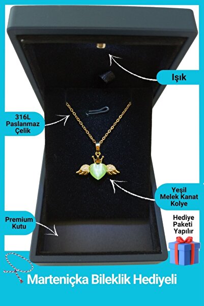 SeyCey.co Işıklı Premium Kutuda | Kanatlı Yeşil Kalp Kolye | 14 Şubat Sevgili...