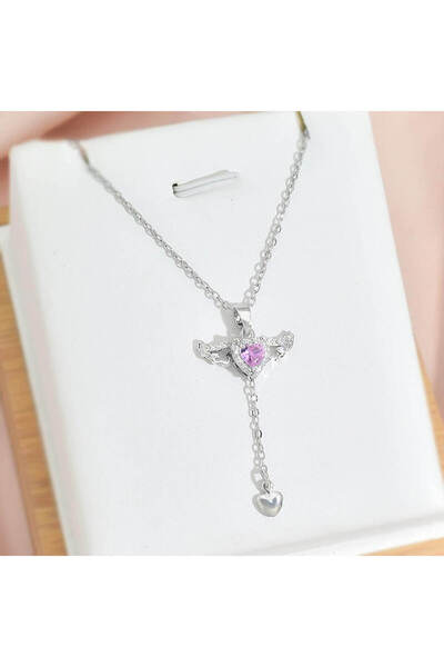 SeyCey.co قلادة على شكل قلب من حجر الزركون الوردي |   فولاذ 316 لتر - غير قابل للتشويه |   هدية المرأة