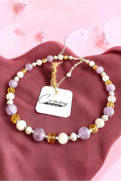 CRAZY TAKI TASARIM Hakiki Lavander Ametist-Sitrin-Pembe Kuvars-Hematit-İnci D...