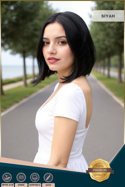 KONAK PERUK Fiber Sentetik Peruk Perçemsiz Kısa Düz - Siyah