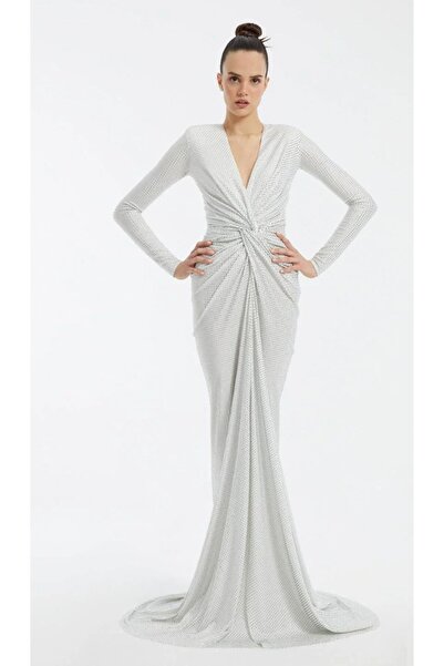 Elysion Collection ELYSİON KADIN ABİYE KRUVAZE YAKALI LİKRALI YIRTMAÇLI UZUN ...