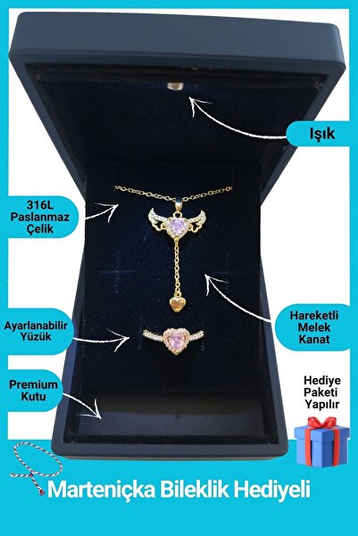 Kuşkaya Ticaret Işıklı Kutuda | Melek Kanatlı Kolye Yüzük Set | Altın Renk | ...