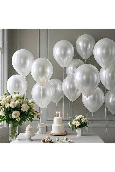 Çemrek Süs Parti İnci Beyaz Sedefli Beyaz Balon 12 inç Metalik Beyaz 50 adet