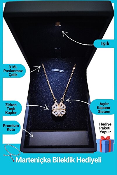 SeyCey.co Işıklı Premium Kutuda | 4 Kalpli Yonca Kolye | Mıknatıslı | Yeni Yı...