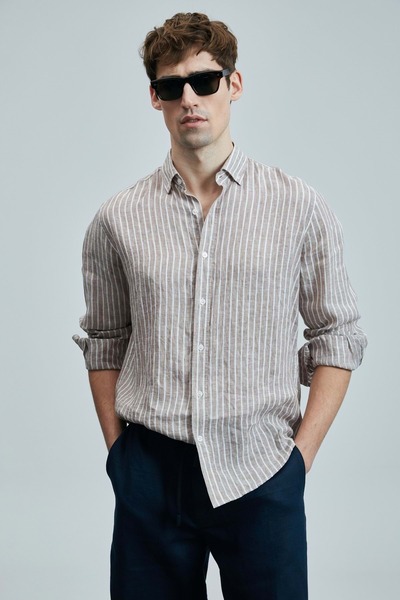 Lufian 111010632 قميص ألفريد رجالي من القطن والكتان مقاس عادي قميص رجالي بيج