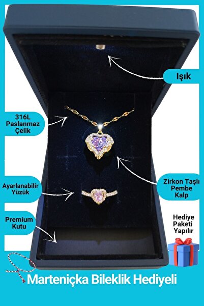 Kuşkaya Ticaret Işıklı Kutuda | Pembe Okyanus Kalbi Yüzük Set | Yeni Yıl Hediyesi | Yılbaşı Hediyesi Kadın